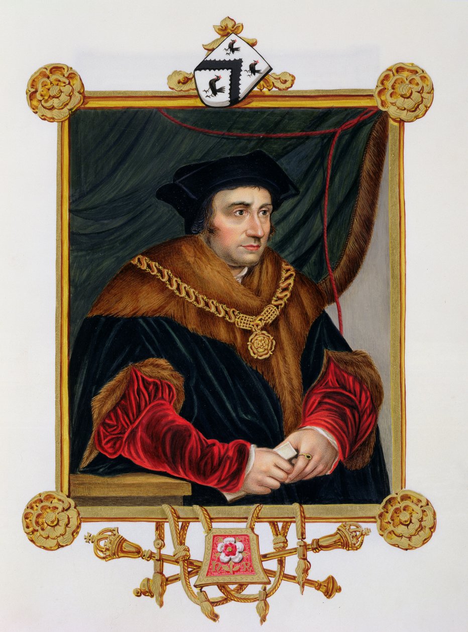 Porträtt av Sir Thomas More (1478-1535) från "Memoirs of the Court of Queen Elizabeth", efter ett porträtt av Hans Holbein den yngre (1498-1543), publicerat 1825 (wc och gouache på papper) av Sarah Countess of Essex