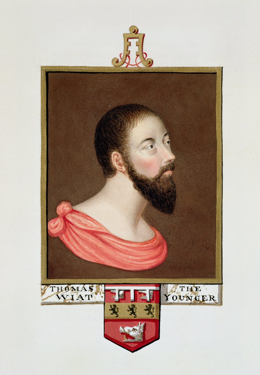 Porträtt av Sir Thomas Wyatt den yngre (ca 1521-54) från "Memoirs of the Court of Queen Elizabeth", publicerad 1825 (wc och gouache på papper) av Sarah Countess of Essex