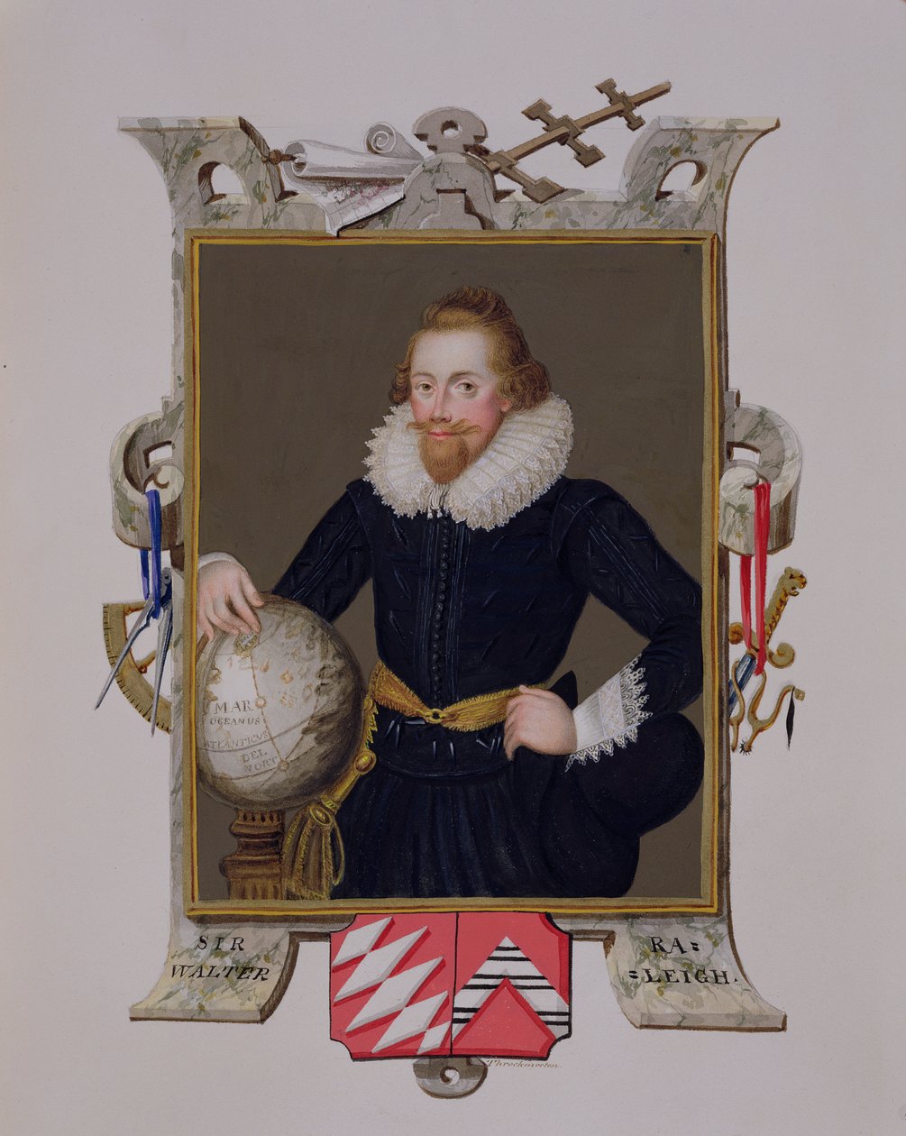 Porträtt av Sir Walter Raleigh (ca 1552-1618) från "Memoirs of the Court of Queen Elizabeth", publicerad 1825 (wc och gouache på papper) av Sarah Countess of Essex