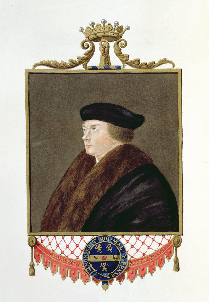 Porträtt av Thomas Cromwell (ca 1485-1540), första earlen av Essex, från "Memoirs of the Court of Queen Elizabeth", publicerad 1825 (wc och gouache på papper). av Sarah Countess of Essex