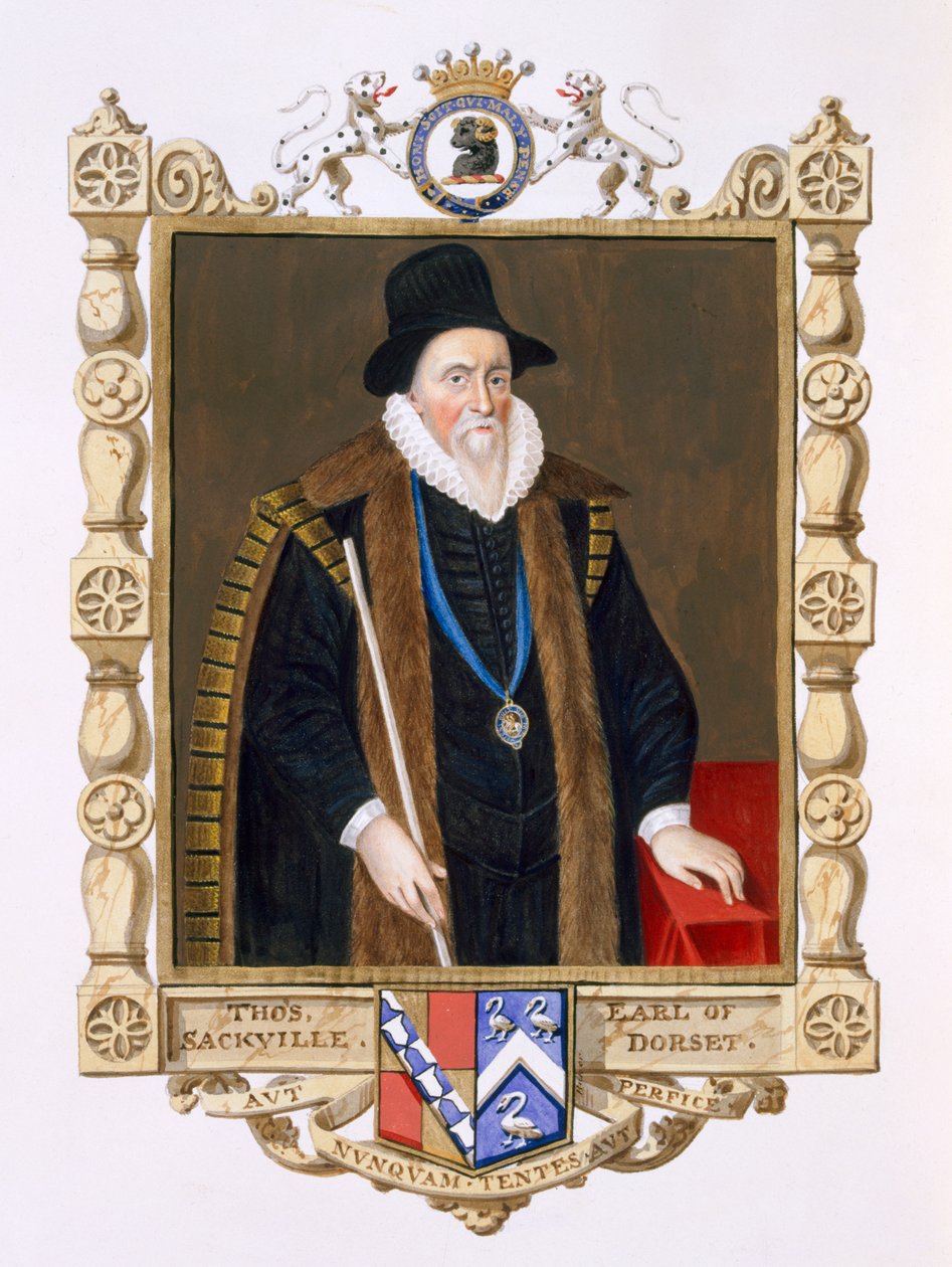Porträtt av Thomas Sackville (1536-1608) 1:e baron Buckhurst från "Memoirs of the Court of Queen Elizabeth" efter porträttet av John de Critz den äldre (ca 1552-1642), publicerat 1825 (wc och goua) av Sarah Countess of Essex