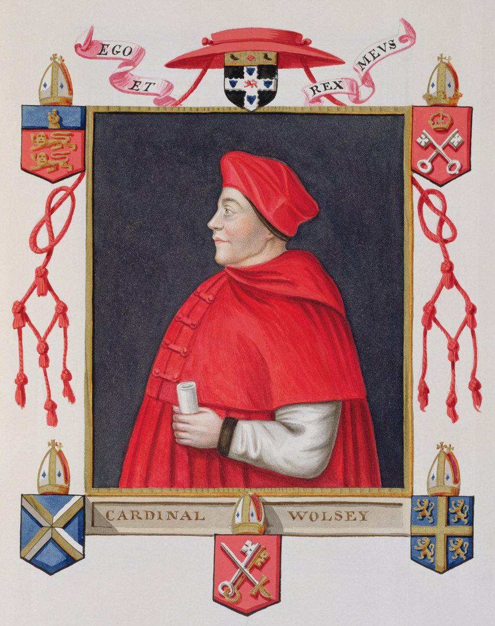 Porträtt av Thomas Wolsey (ca 1475-1530) kardinal och statsman från "Memoirs of the Court of Queen Elizabeth", publicerad 1825 (wc och gouache på papper) av Sarah Countess of Essex