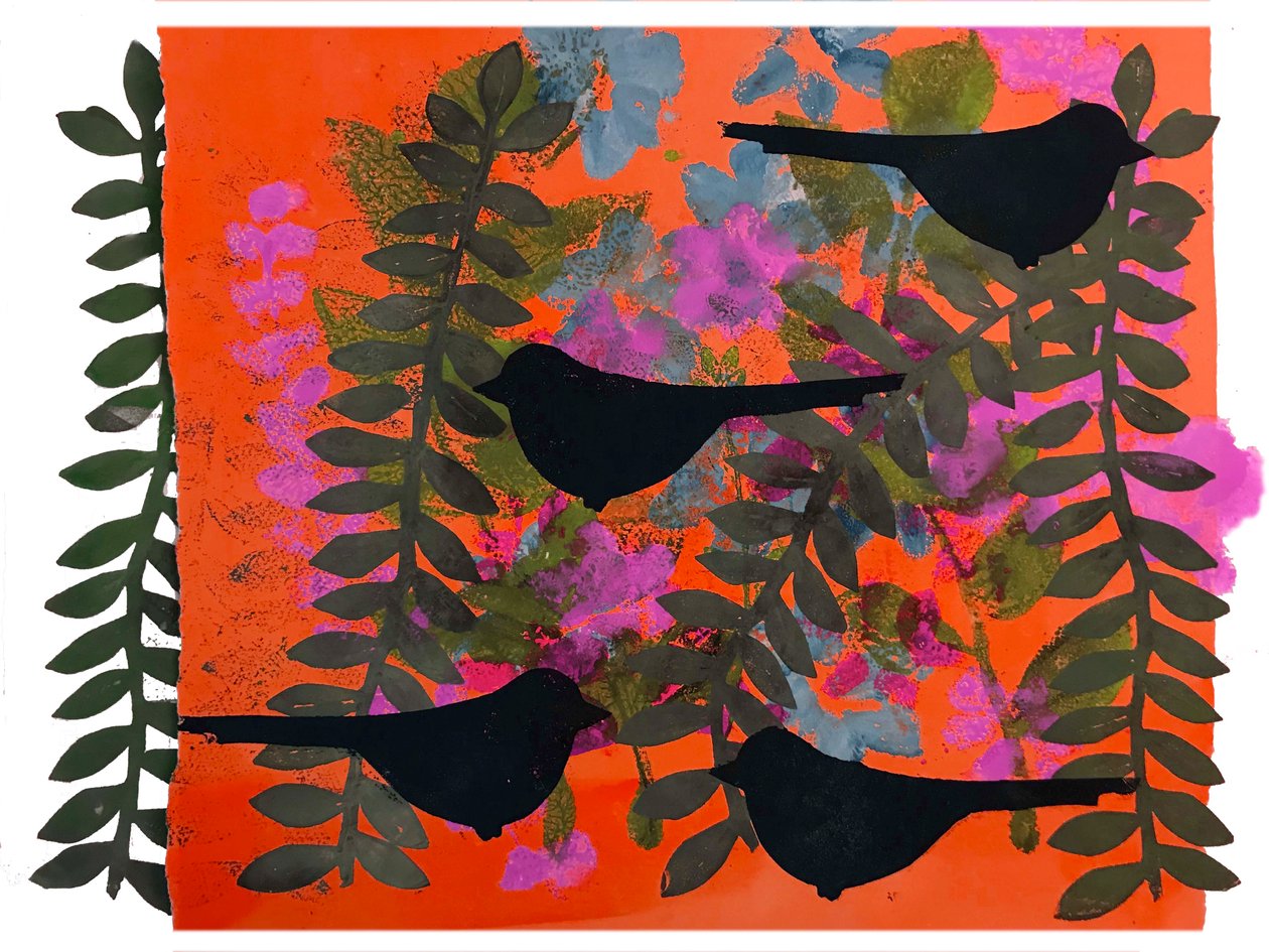 Fyra koltrastar (monoprint på papper) av Sarah Thompson Engels