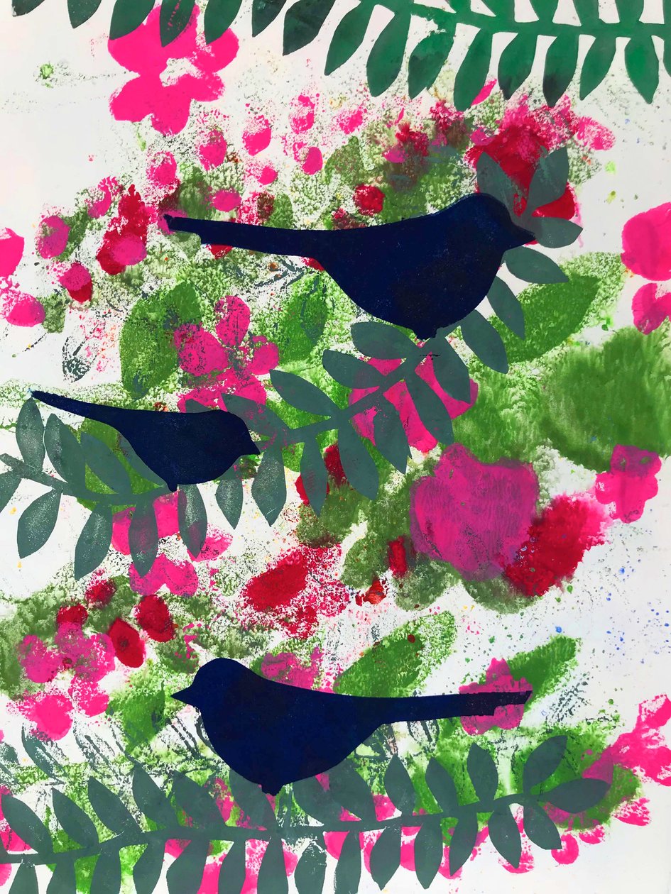 Tre solsorte (monoprint på papir) swed av Sarah Thompson Engels
