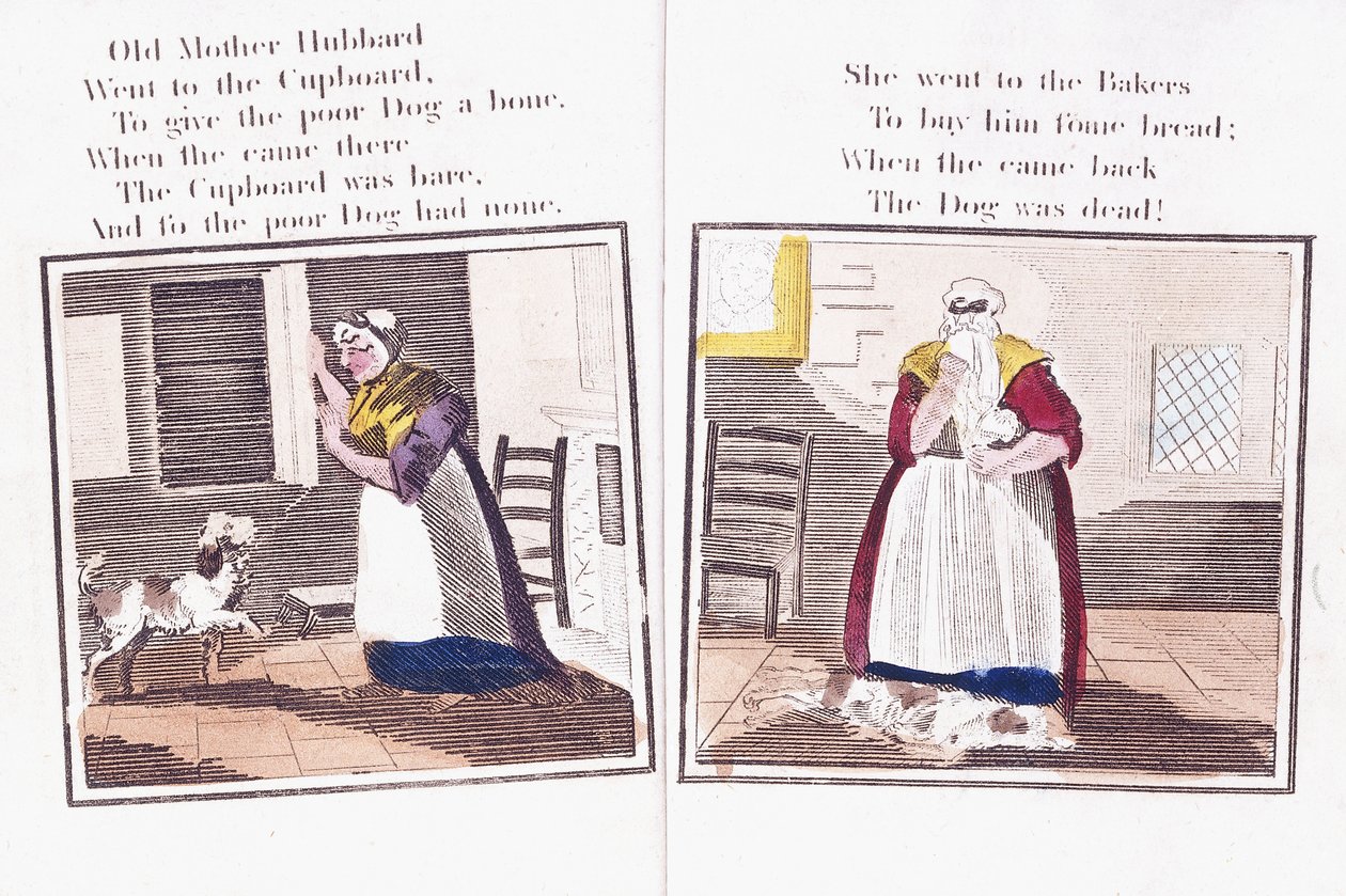 Två sidor ur barnramsboken "Gamla mor Hubbards och hennes hunds komiska äventyr" av Sarah Catherine (after) Martin