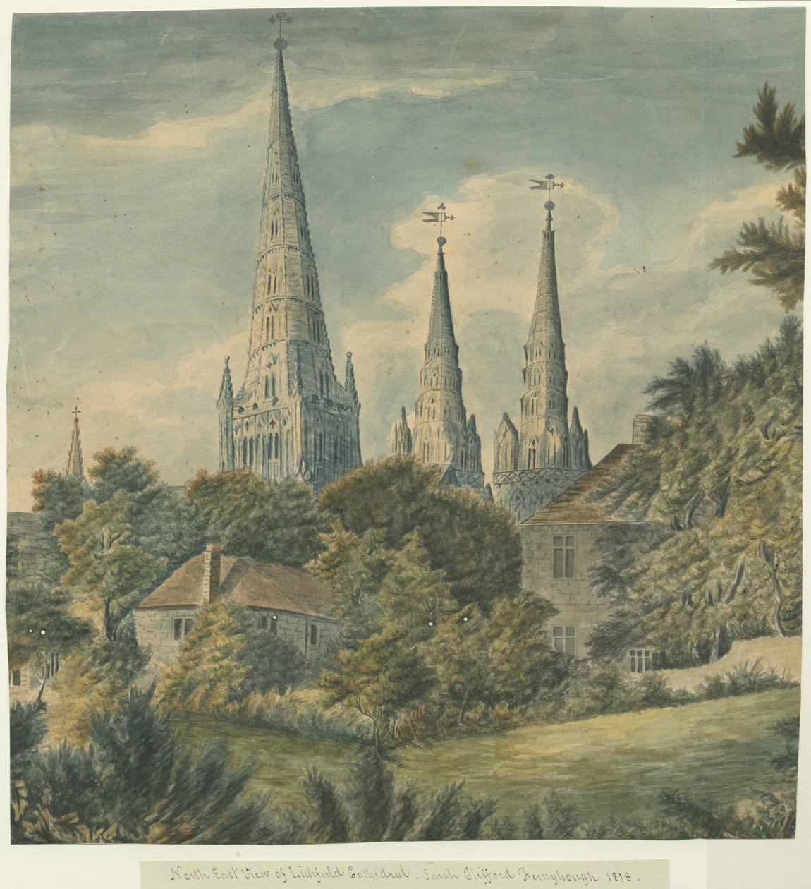 Lichfield Cathedral - North East View: akvarellmålning, 1818 av Sarah Clifford Fernyhough