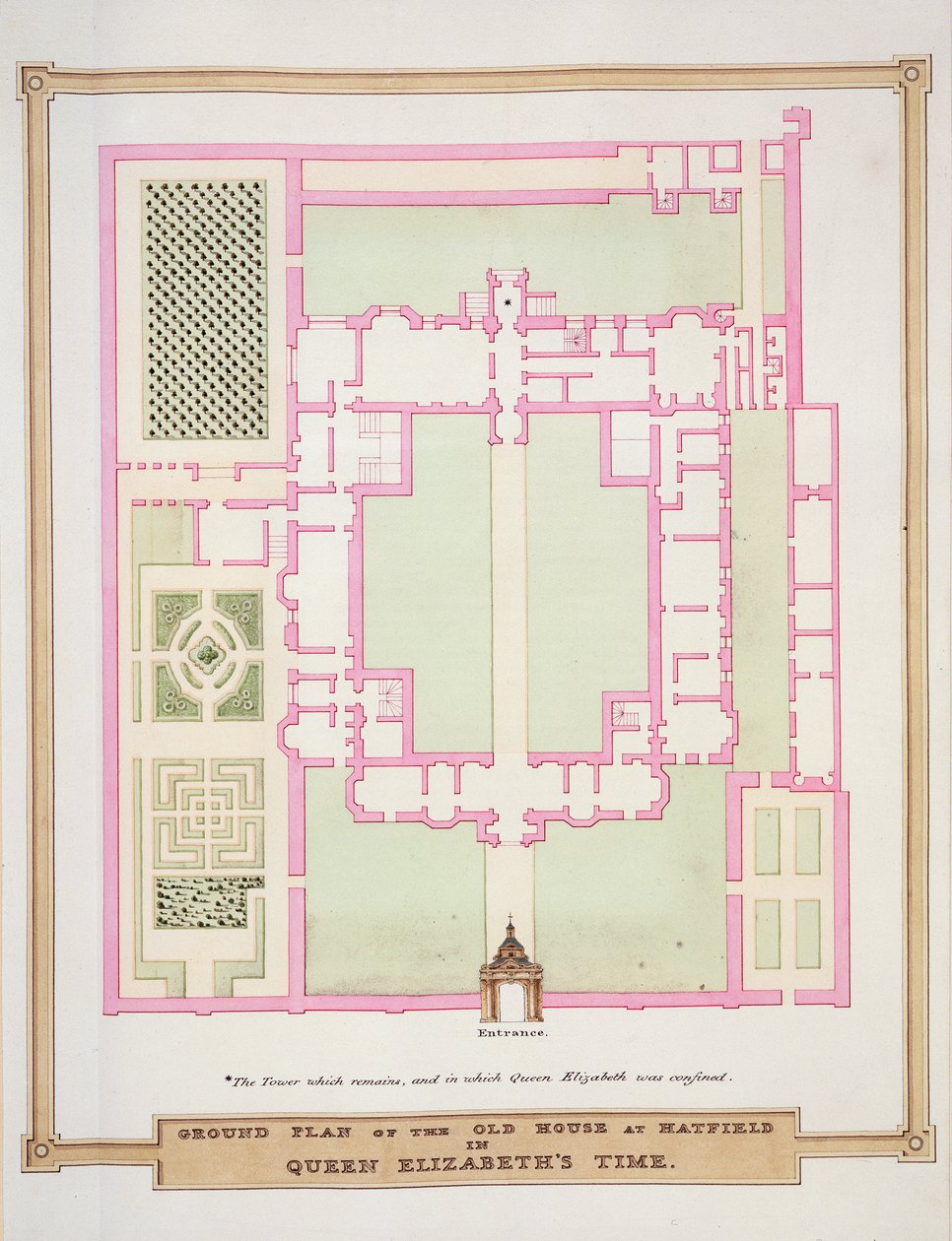 Grundplan för det gamla huset i Hatfield på drottning Elizabeths tid från "Memoirs of the Court of Queen Elizabeth", publicerad 1825 (wc och gouache på papper) av Sarah Countess of Essex