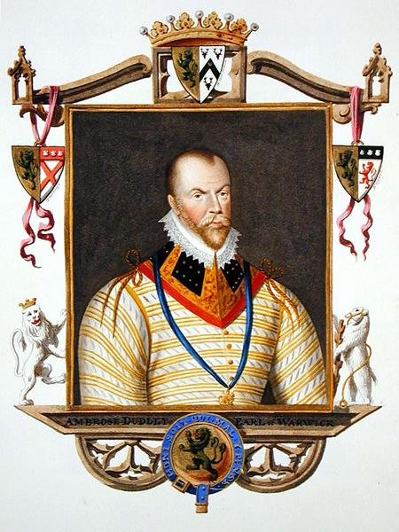 Porträtt av Ambrose Dudley (c.1528-d.15 90) 1:e jarl av Warwick från "Memoirs of the Court of Queen Elizabeth", publicerad 1825 (akvarell och gouache på papper) av Sarah Countess of Essex