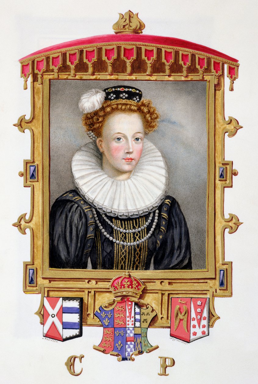 Porträtt av Catherine Parr (1512-1548) Henry VIII:s sjätte fru som ung änka från "Memoirs of the Court of Queen Elizabeth", publicerad 1825 (wc och gouache på papper) av Sarah Countess of Essex