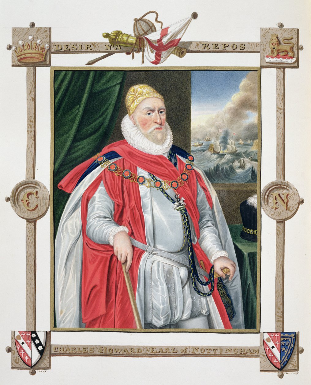 Porträtt av Charles Howard (1536-1624), 2:a baron av Effingham och 1:a earl av Nottingham från "Memoirs of the Court of Queen Elizabeth", efter ett porträtt av Daniel Mytens (1644-88) som publicerades 1825 ( av Sarah Countess of Essex