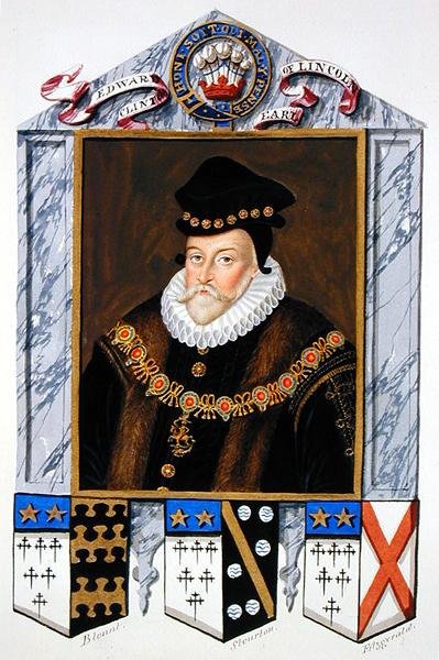 Porträtt av Edward Fiennes de Clinton (1512-85) 1:e jarl av Lincoln från "Memoirs of the Court of Queen Elizabeth", publicerad 1825 (akvarell och gouache på papper) av Sarah Countess of Essex