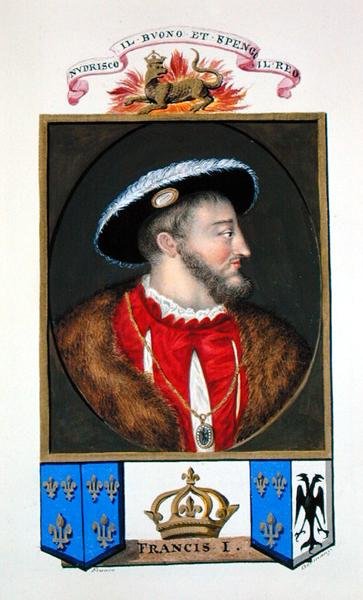 Porträtt av Francois I, kung av Frankrike (1494-1547) från "Memoirs of the Court of Queen Elizabeth" efter ett porträtt av Titian (ca 1488-1576), publicerat 1825 (akvarell och gouache på papper) av Sarah Countess of Essex