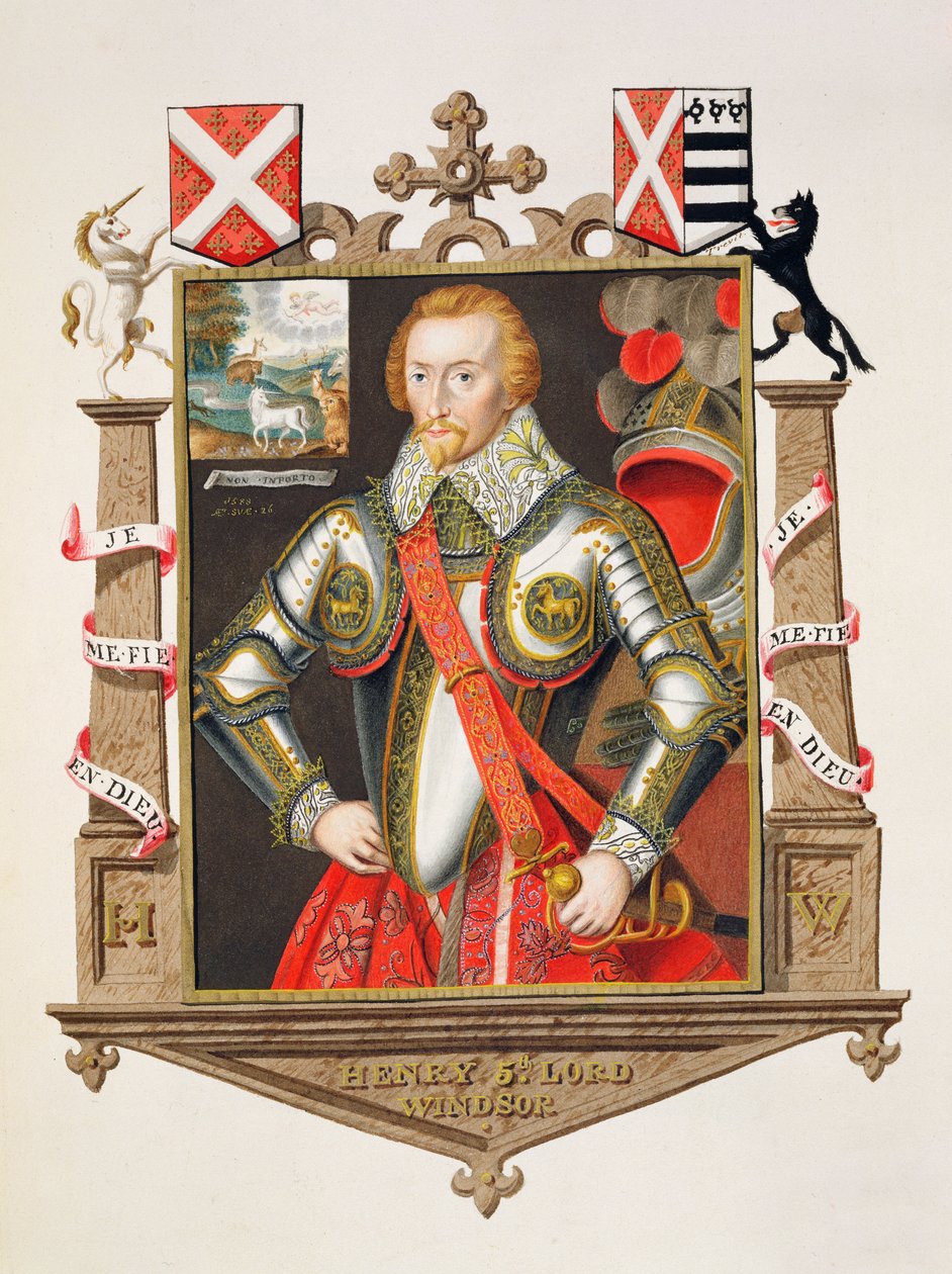 Porträtt av Henry, 5:e Lord Windsor (1562-1615) från "Memoirs of the Court of Queen Elizabeth", publicerad 1825 (wc och gouache på papper) av Sarah Countess of Essex