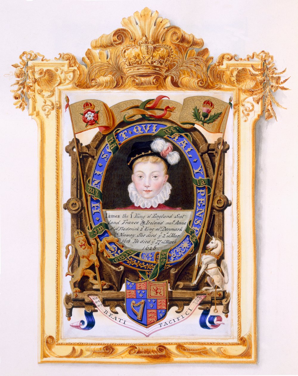Porträtt av James VI av Skottland (1566-1625) Senare James I av England som pojke c.1574 från "Memoirs of the Court of Queen Elizabeth", publicerad 1825 (wc och gouache på papper) av Sarah Countess of Essex