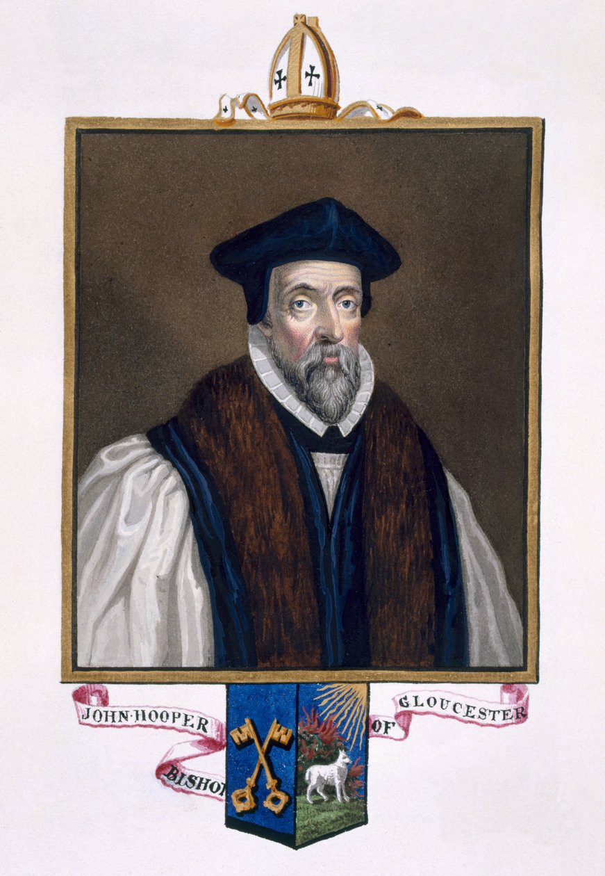 Porträtt av John Hooper (d.1555) biskop av Gloucester från "Memoirs of the Court of Queen Elizabeth", publicerad 1825 (wc och gouache på papper) av Sarah Countess of Essex
