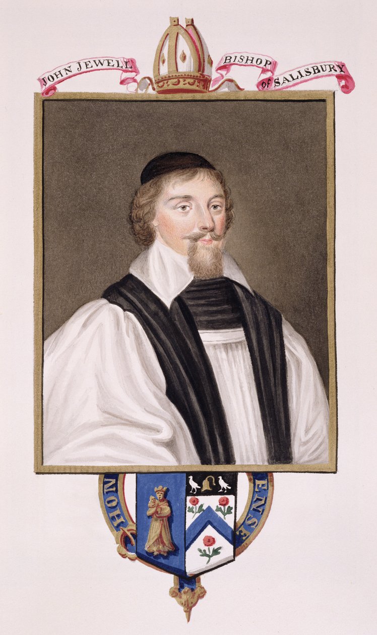 Porträtt av John Jewel (1522-71) biskop av Salisbury från "Memoirs of the Court of Queen Elizabeth", publicerad 1825 (wc och gouache på papper) av Sarah Countess of Essex