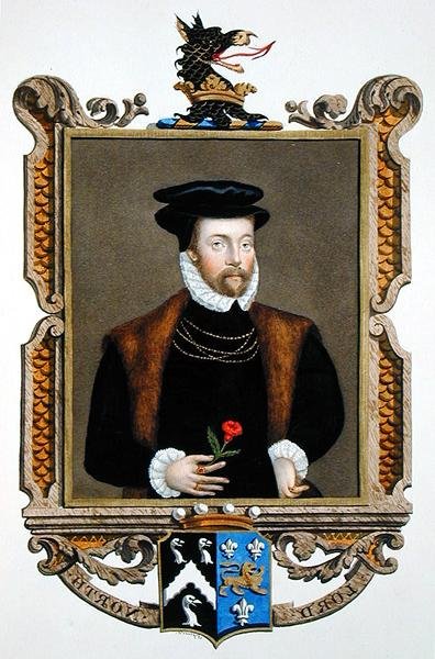 Porträtt av Lord Roger North (1530-1600) 2nd Baron North från "Memoirs of the Court of Queen Elizabeth", publicerad 1825 (akvarell och gouache på papper) av Sarah Countess of Essex