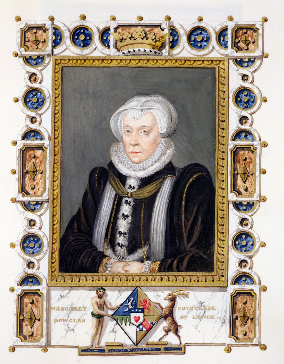 Porträtt av Margaret Douglas (1515-78), grevinna av Lennox, från "Memoirs of the Court of Queen Elizabeth", publicerad 1825 (wc och gouache på papper) av Sarah Countess of Essex
