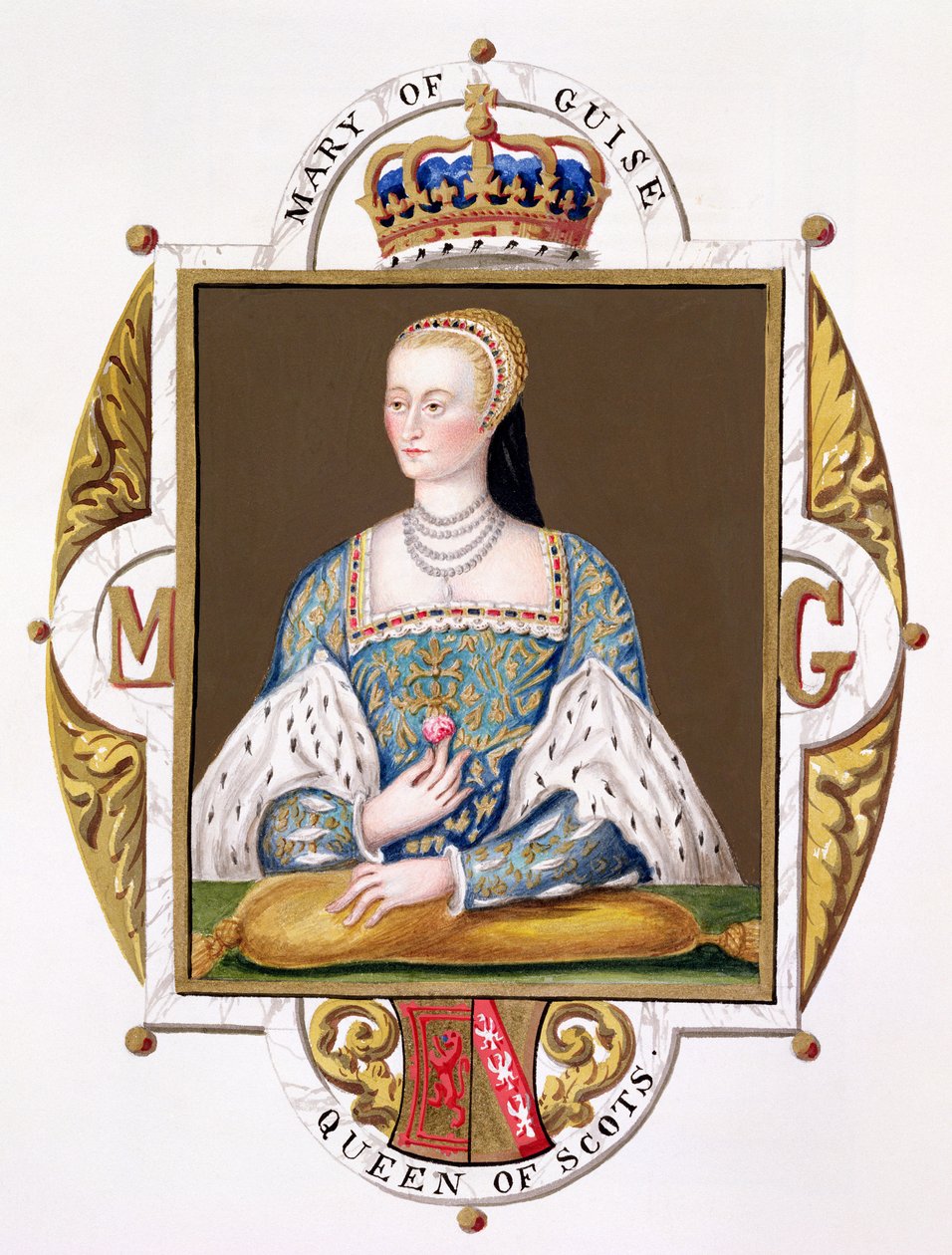 Porträtt av Maria av Guise (1515-60), drottning av Skottland, från "Memoirs of the Court of Queen Elizabeth", publicerad 1825 (wc och gouache på papper) av Sarah Countess of Essex