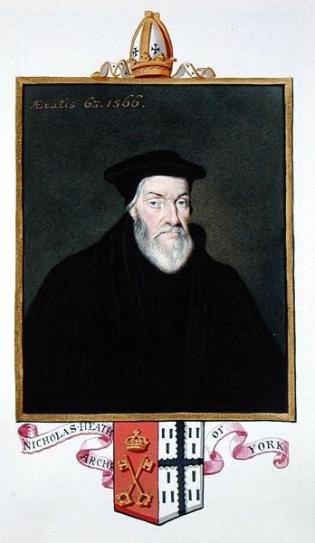 Porträtt av Nicholas Heath (ca 1501-78) ärkebiskop av York från "Memoirs of the Court of Queen Elizabeth", publicerad 1825 (akvarell och gouache på papper) av Sarah Countess of Essex