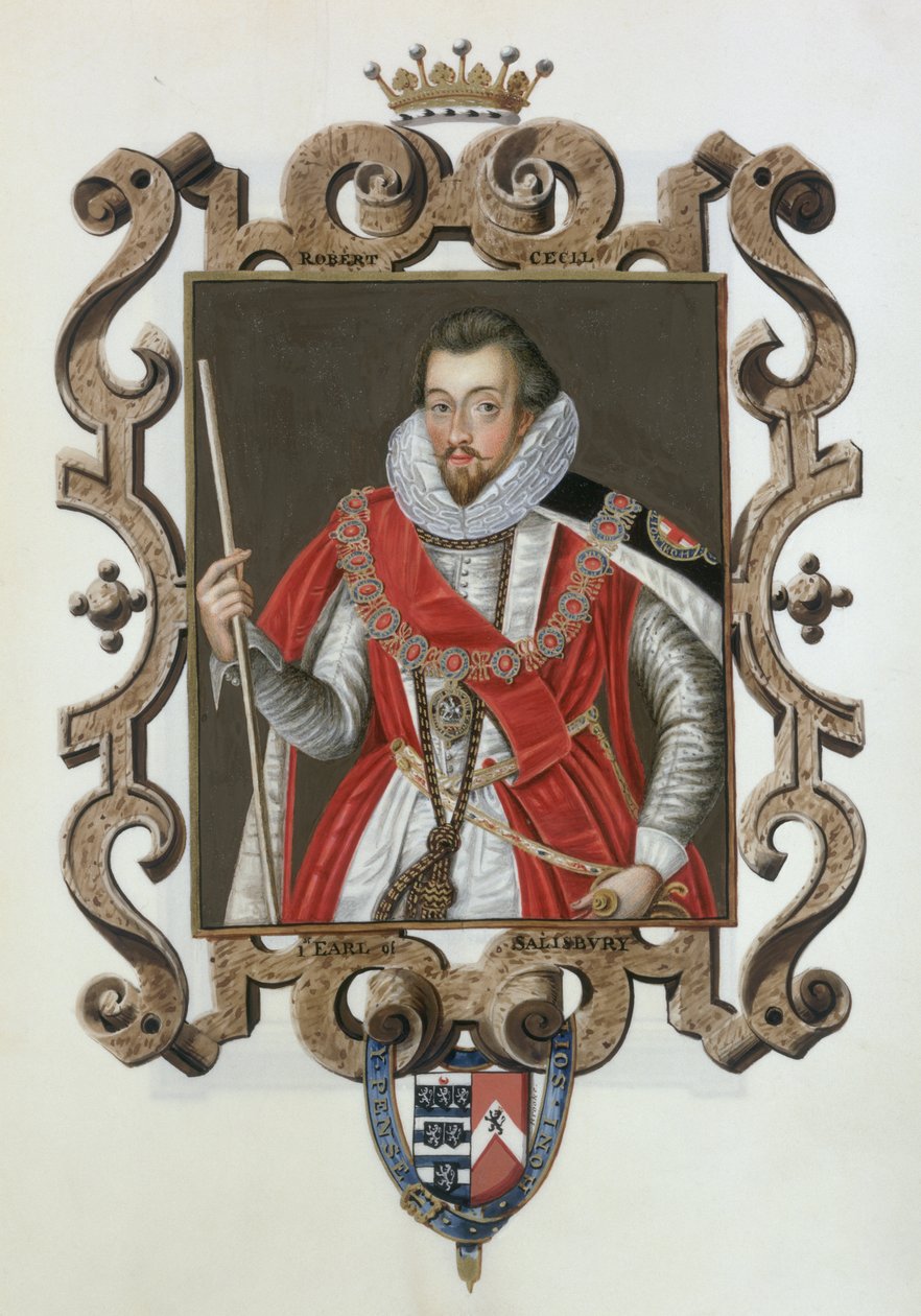 Porträtt av Robert Cecil (1563-1612) 1:e jarl av Salisbury från "Memoirs of the Court of Queen Elizabeth", publicerad 1825 (wc och gouache på papper) av Sarah Countess of Essex