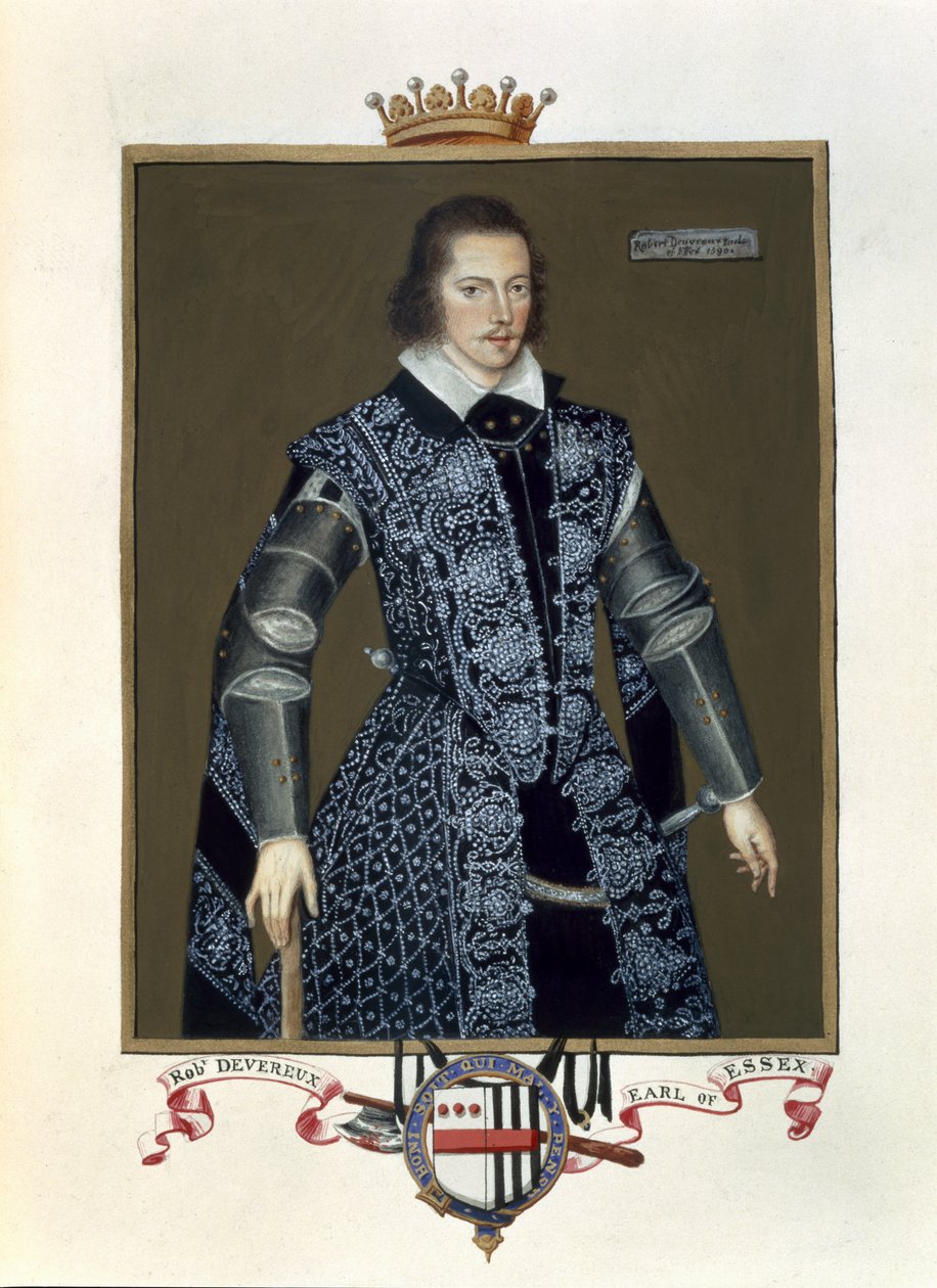 Porträtt av Robert Devereux (1566-1601) 2nd Earl of Essex från Memoirs of the Court of Queen Elizabeth efter oljan av Sir William Segar (fl.1913-d.1633) publicerad 1825 (wc och gouache på papper) av Sarah Countess of Essex