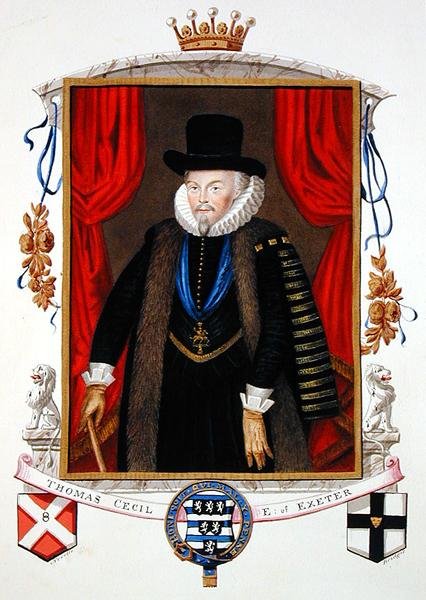 Porträtt av Sir Thomas Cecil (1542-1623) 1:e earlen av Exeter, 2nd Lord Burghley från "Memoirs of the Court of Queen Elizabeth", publicerad 1825 (akvarell och gouache på papper) av Sarah Countess of Essex