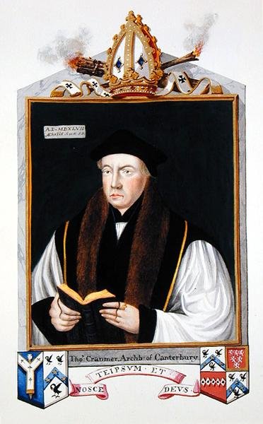 Porträtt av Thomas Cranmer (1489-1556) ärkebiskop av Canterbury från "Memoirs of the Court of Queen Elizabeth", publicerad 1825 (akvarell och gouache på papper) av Sarah Countess of Essex