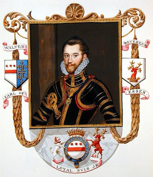 Porträtt av Walter Devereux (1541-76) 1:e jarl av Essex från "Memoirs of the Court of Queen Elizabeth", publicerad 1825 (akvarell och gouache på papper) av Sarah Countess of Essex