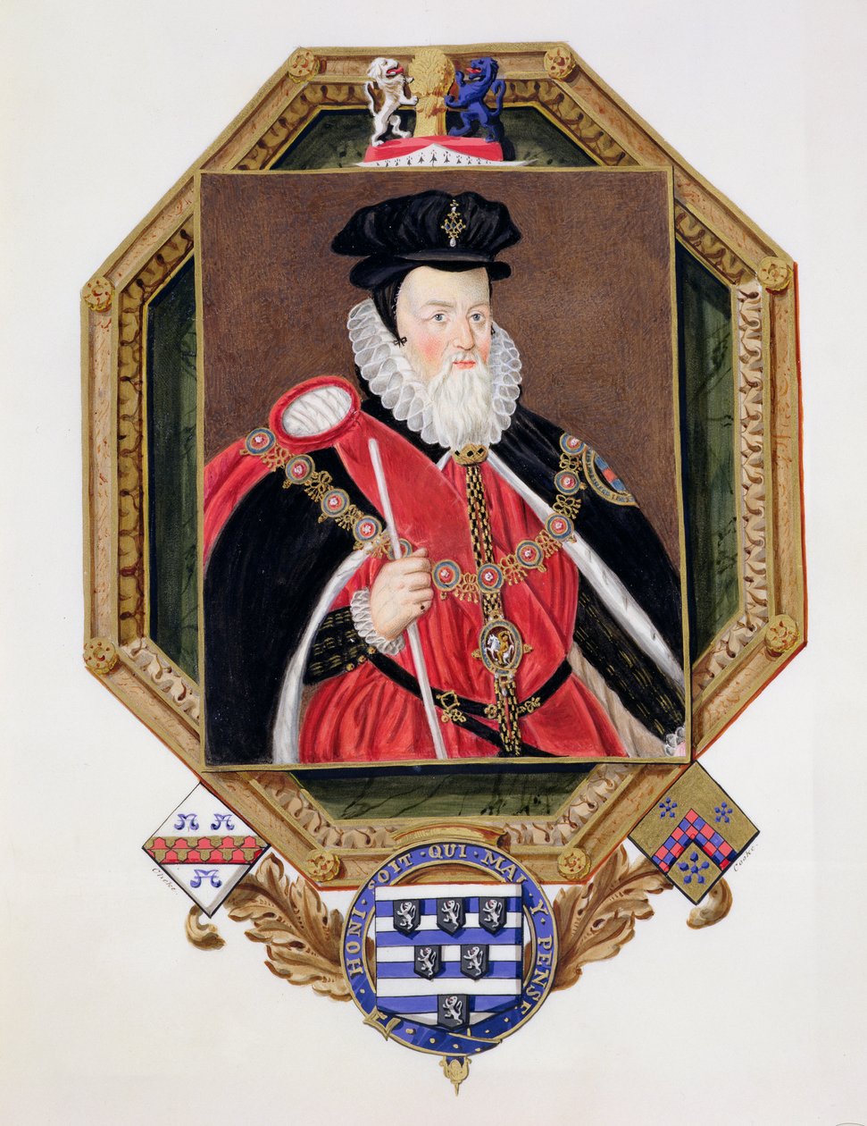 Porträtt av William Cecil (1520-98) 1:e baron Burghley från Memoirs of the Court of Queen Elizabeth, efter en bild av Marcus Gheeraerts den yngre (ca 1561-1635) publicerad 1825 (wc och gouache o av Sarah Countess of Essex