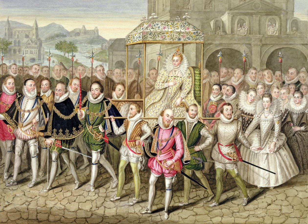 Drottning Elizabeth I i procession med sina hovmän (ca 160003) från "Memoirs of the Court of Queen Elizabeth" efter en olja tillskriven Robert Peake (c.1592-1667) vid Sherborne Castle, publicerad 18 av Sarah Countess of Essex