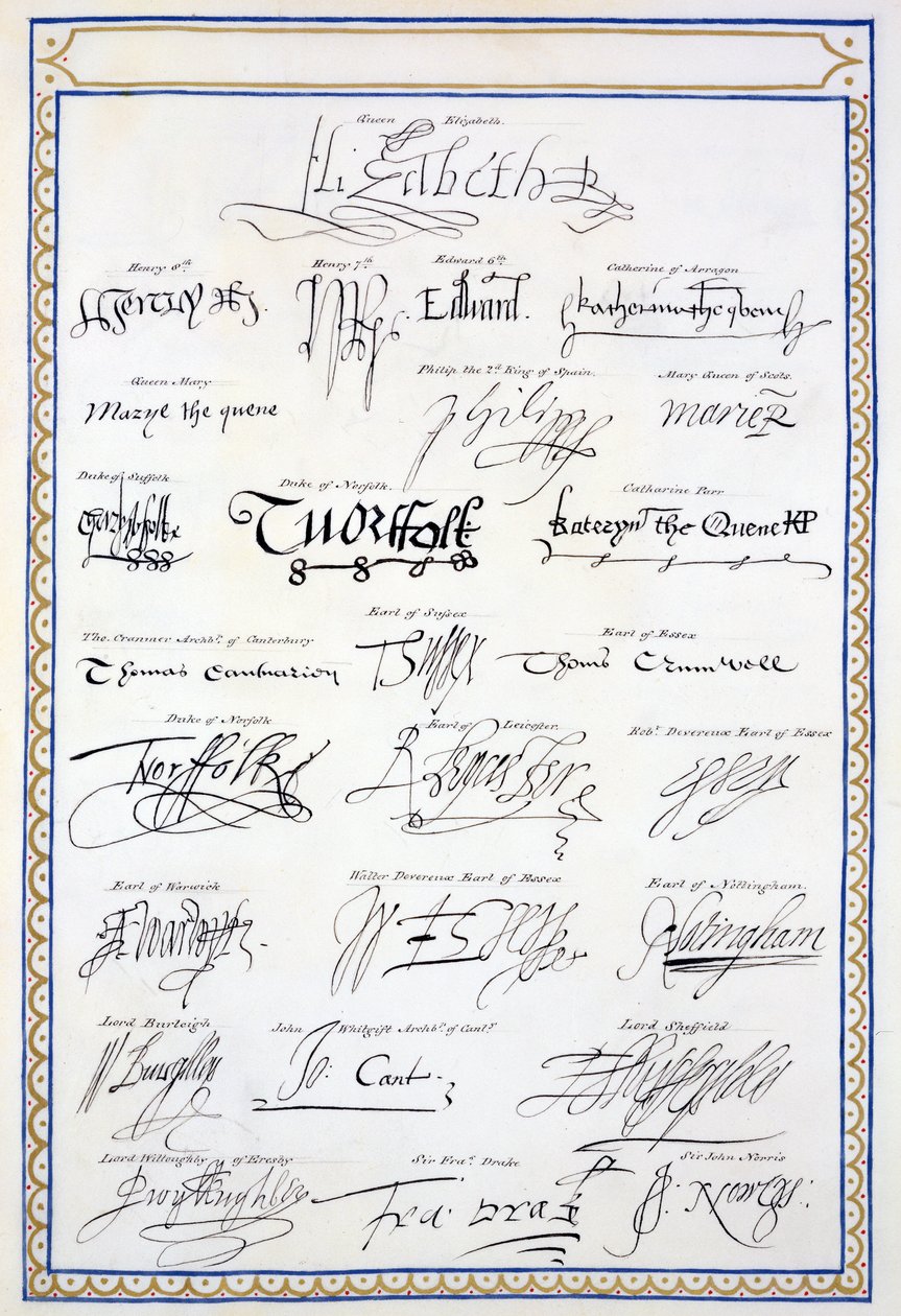 Reproduktion av signaturer från Tudor och deras hov från "Memoirs of the Court of Queen Elizabeth", publicerad 1825 (penna och bläck på papper) av Sarah Countess of Essex