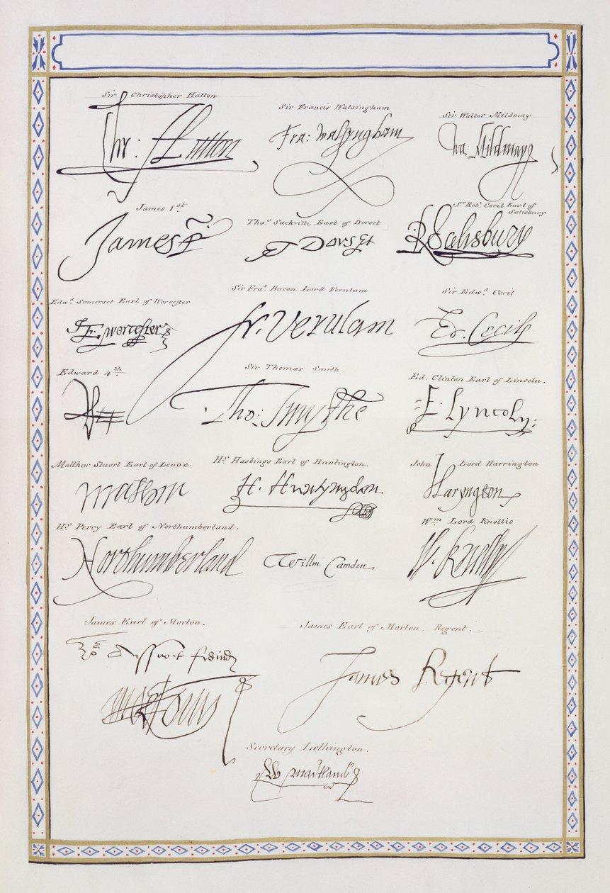Reproduktion av Tudors och deras hovs signaturer från "Memoirs of the Court of Queen Elizabeth", som publicerades 1825 (penna och bläck på papper). av Sarah Countess of Essex