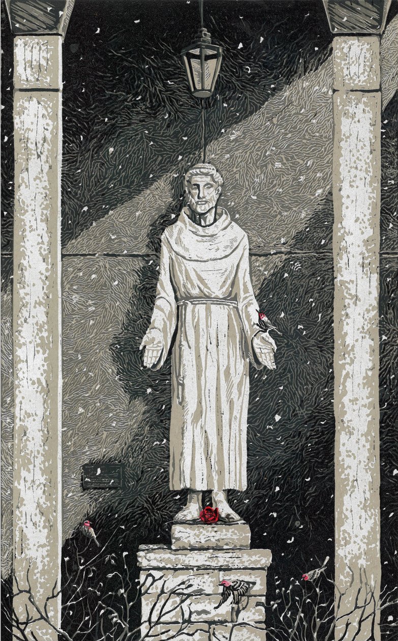 Sankt Franciskus i snön, 2023 (målning) av Sarah Drummond