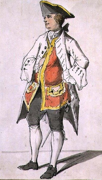 En gentleman i en trehörningshatt, från ett album med figurstudier, mitten av 1700-talet (penna och bläck med akvarell) av Sarah Hamilton