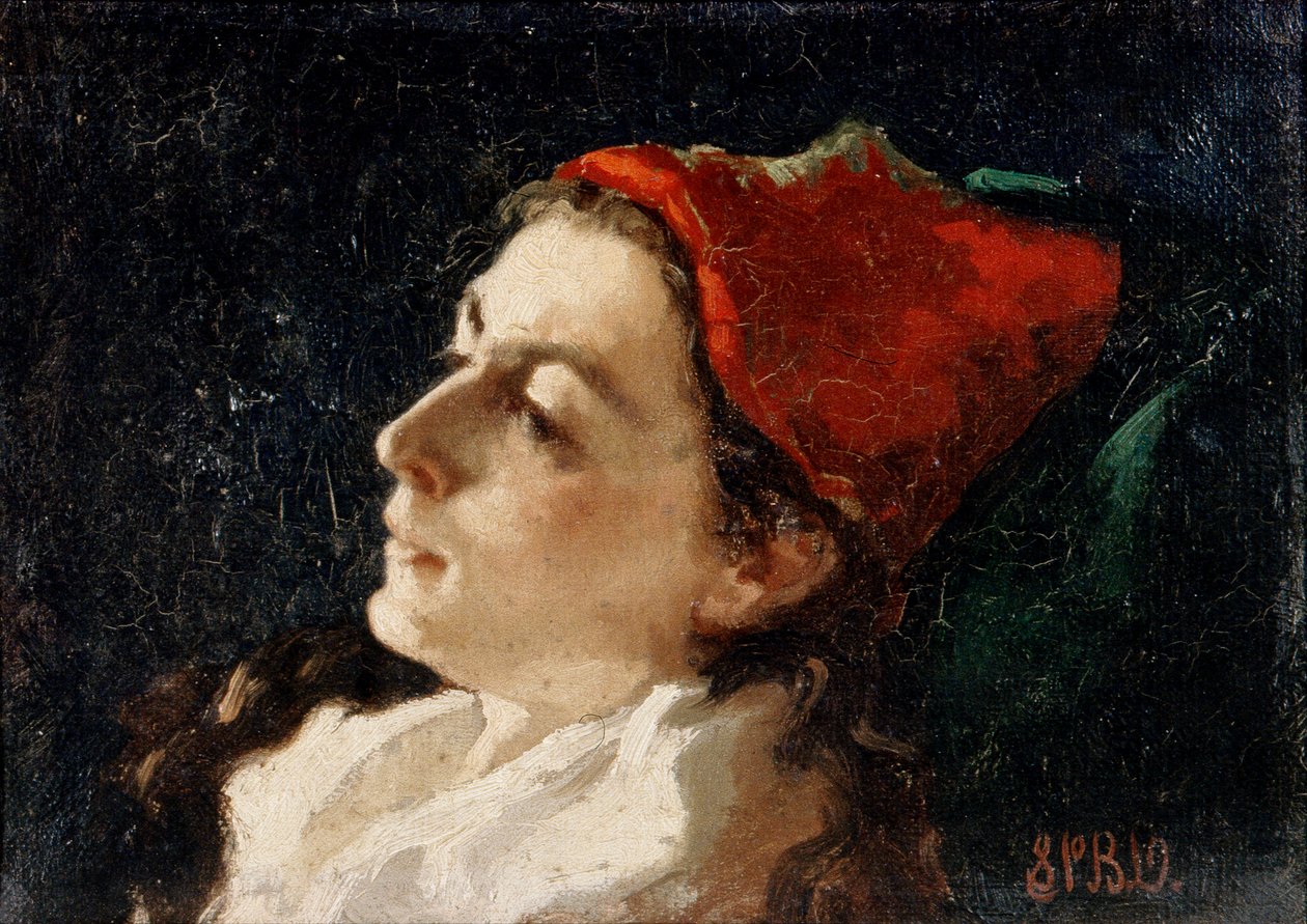 Huvud av en kvinna i röd mössa (olja på duk) av Sarah Paxton Ball Dodson