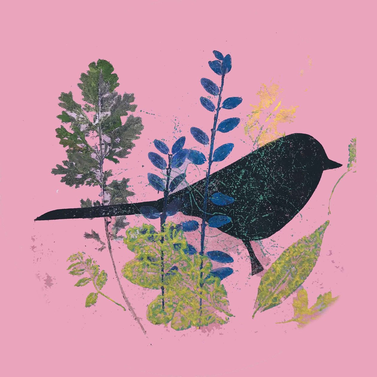 Fågel och löv, 2019 (bläck monoprint) av Sarah Thompson Engels