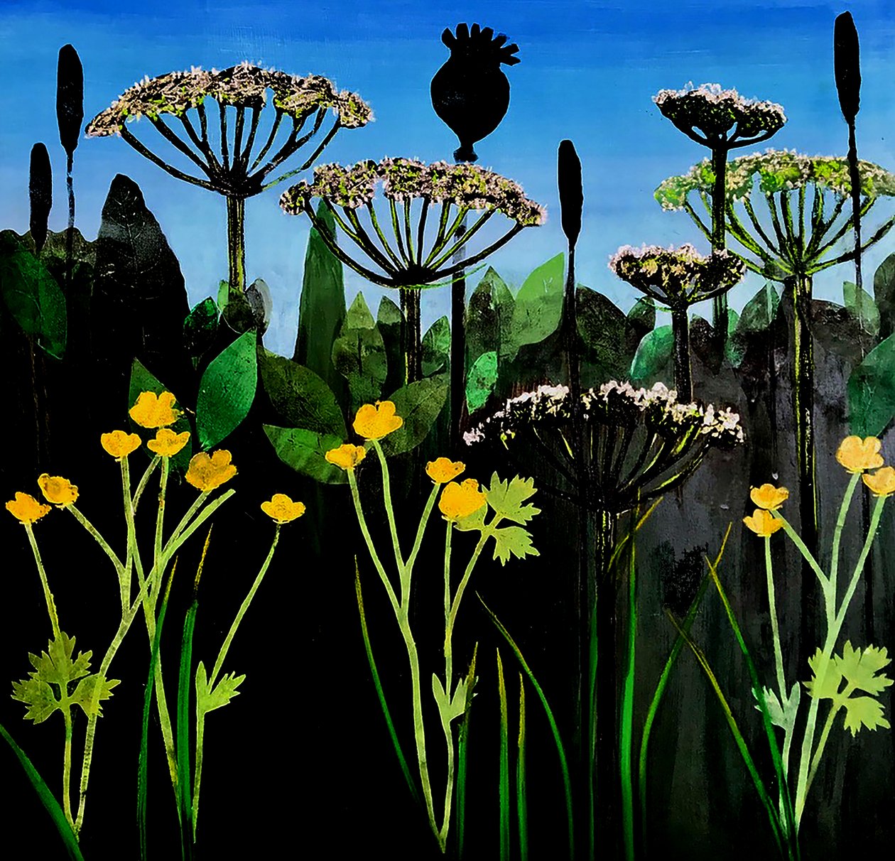 Smörblommor 2020 (akryl ombord) av Sarah Thompson Engels