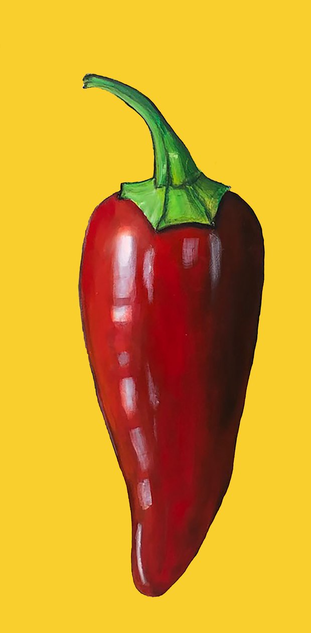 "Chilli" 2020 (akryl ombord) av Sarah Thompson Engels