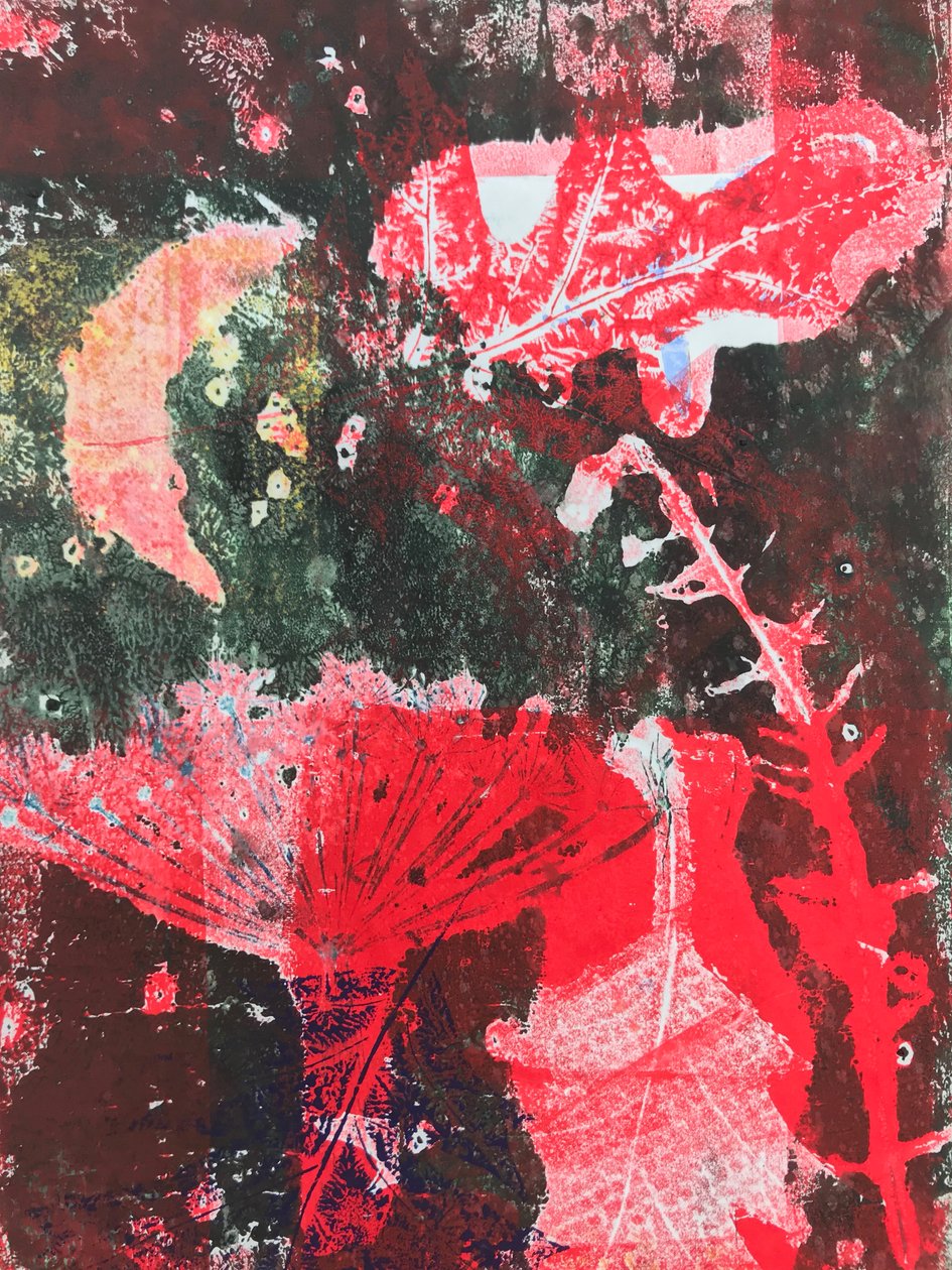 "Röd måne" 2019 (monoprint) av Sarah Thompson Engels