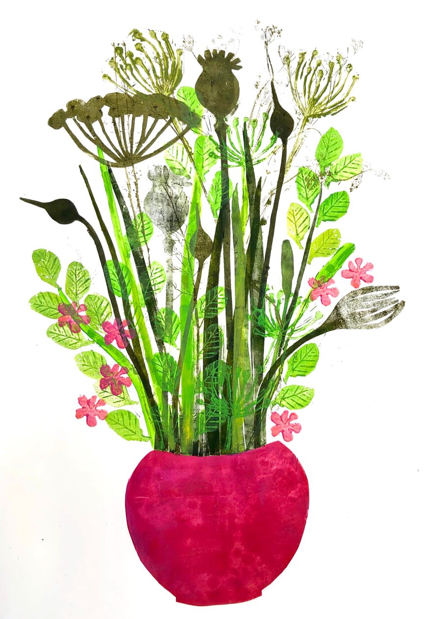Röd vas 2, 2021 (monoprint) av Sarah Thompson Engels