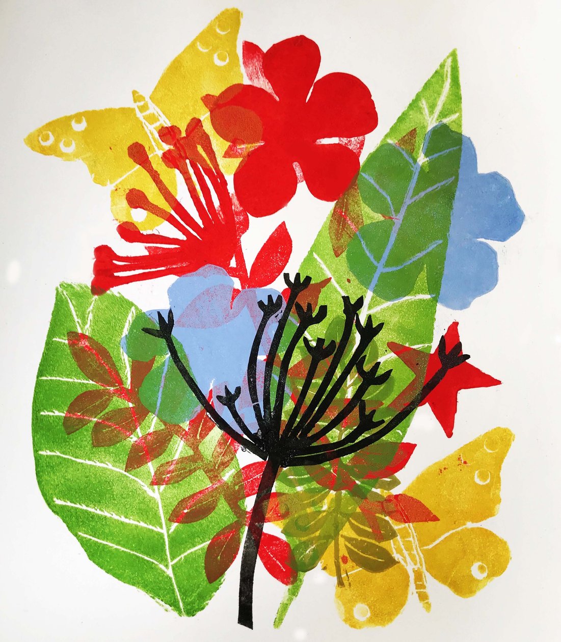 Seedheads and flowers, 2019 (bläck monoprint) av Sarah Thompson Engels