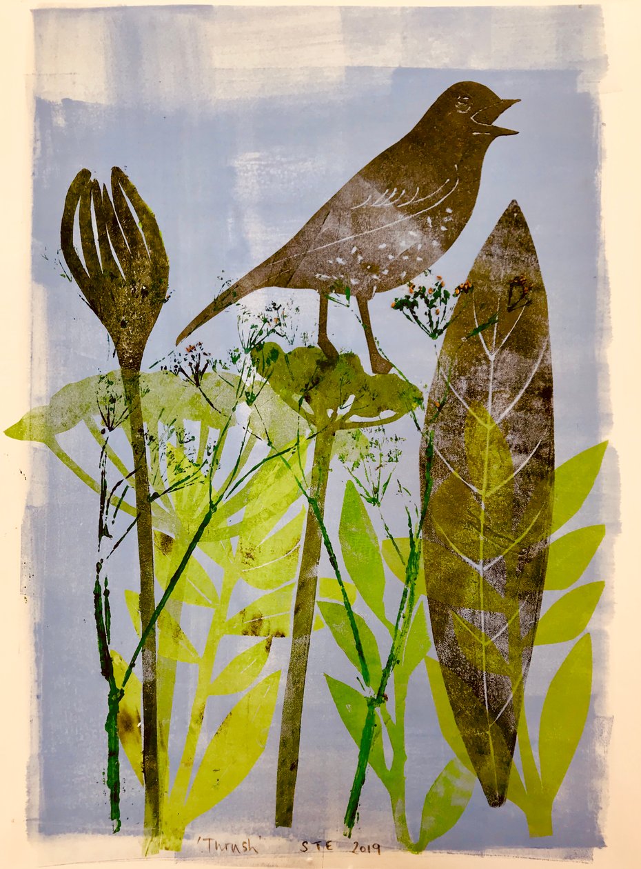 Sjungande fågel, 2020, (monoprint) av Sarah Thompson Engels