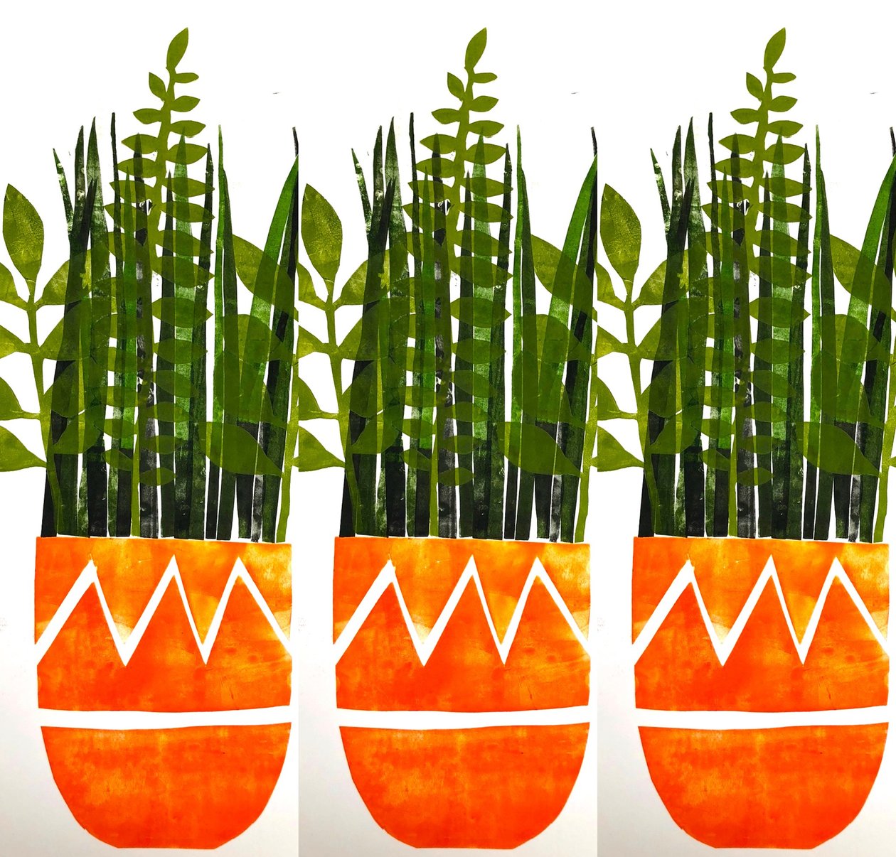 Tre orange vaser, 2021 (monoprint) av Sarah Thompson Engels