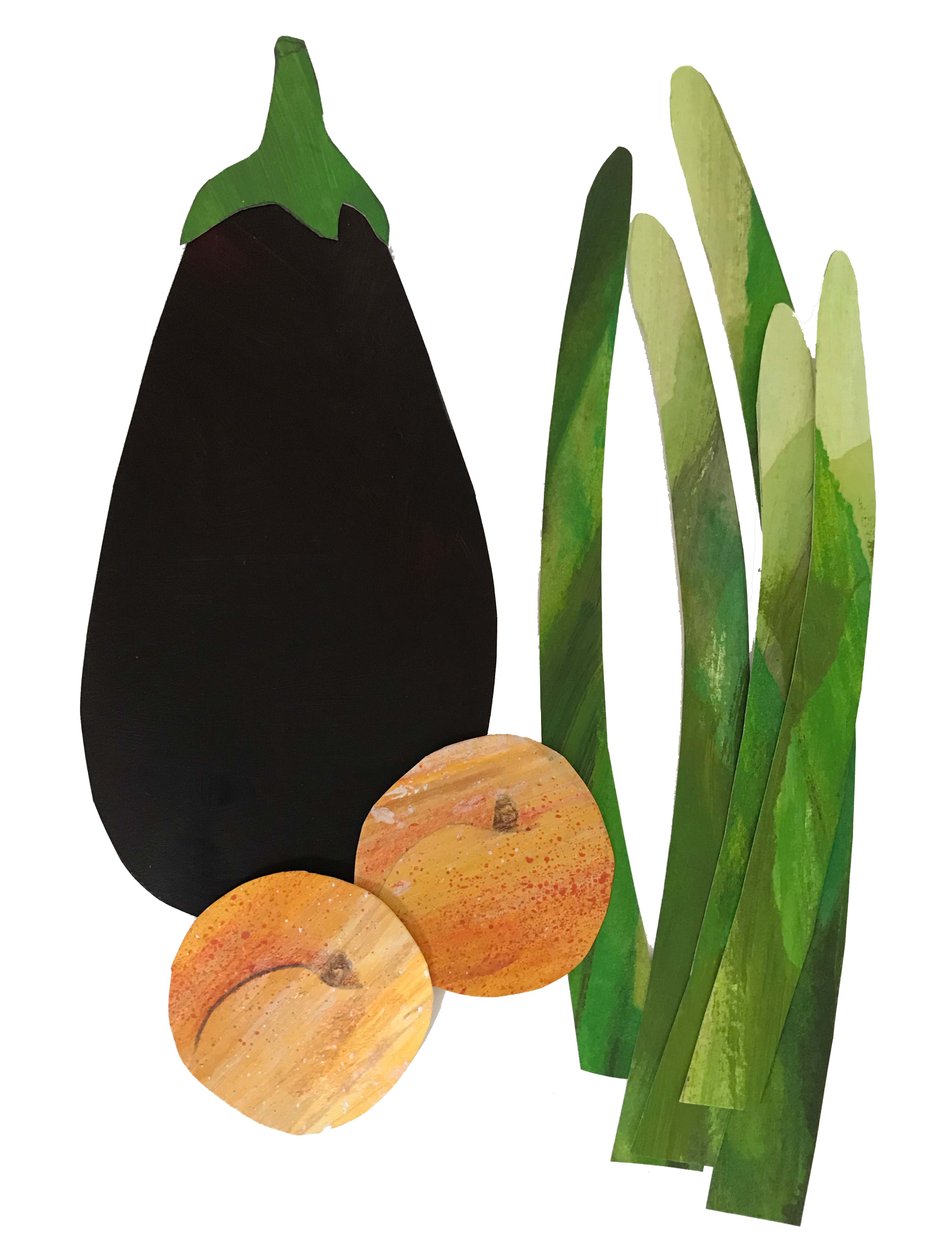 sparris, aprikoser, aubergine, 2019 (collage) av Sarah Thompson Engels