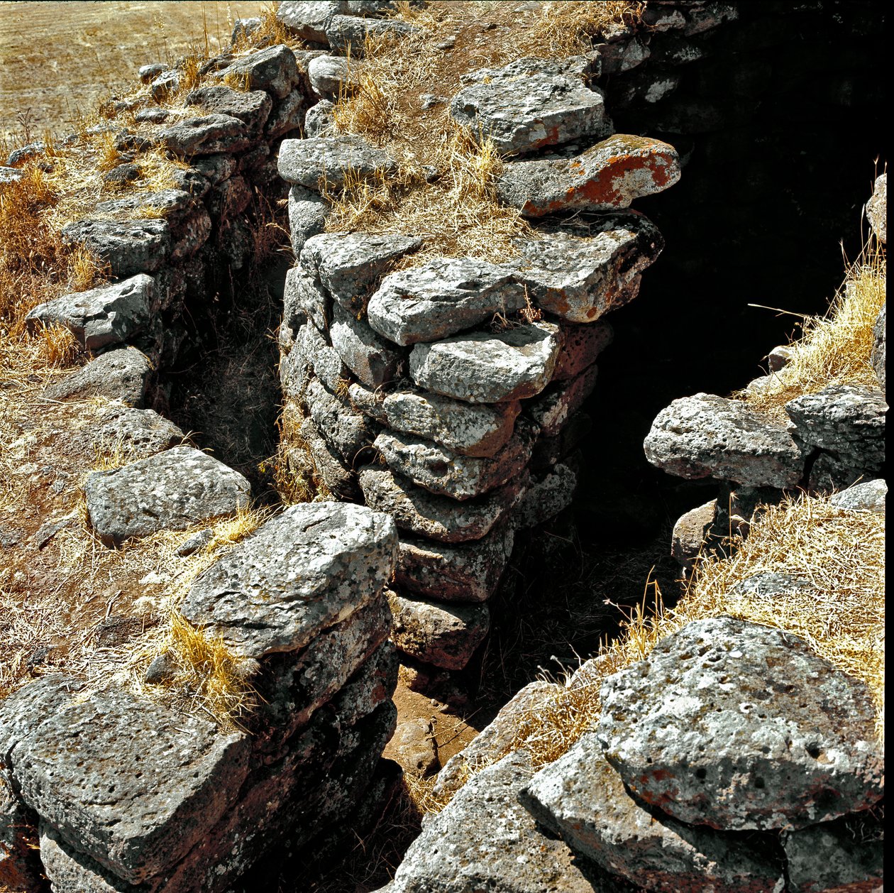 Nuragisk kultur (nuraghi) Sardinian: ruinerna av den nuragiska staden på den megalitiska platsen Losa: ett av försvarstornen. 1400-talet f.Kr. Abbasanta Sardinien Italien av Sardinia Nuragic Civilization