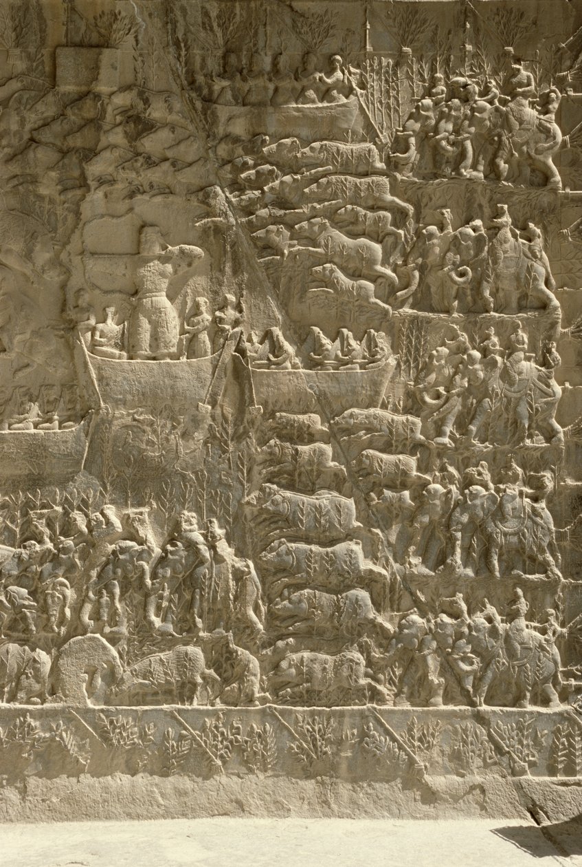 En kunglig galtjakt, möjligen föreställande Khosrow II som skjuter en pil från en båt, relief från sidan av aivanerna, c.620 av Sasanian School