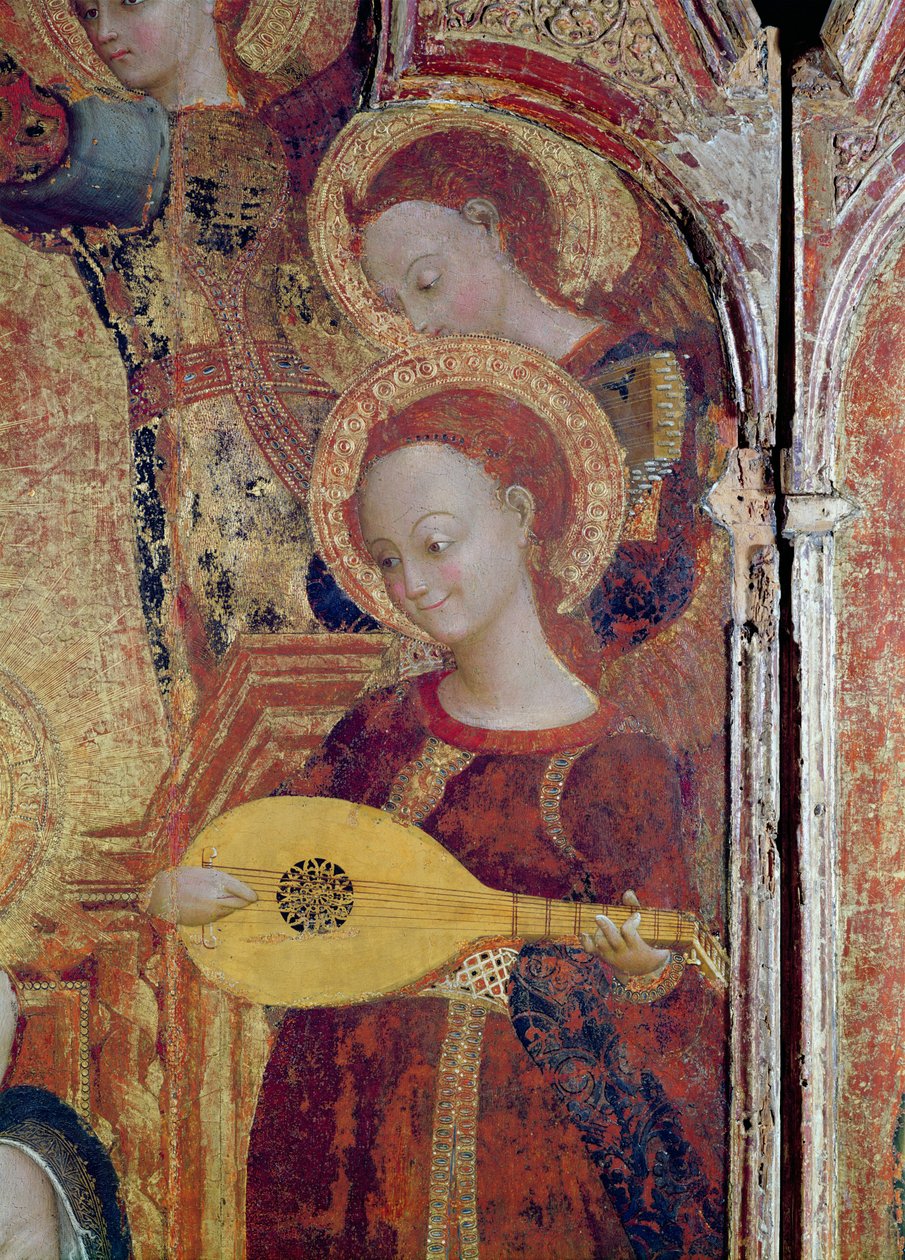 Detalj av änglamusiker från en målning av Jungfrun och barnet omgiven av sex änglar, 1437-44 (olja och guld på trä) av Stefano Sassetta