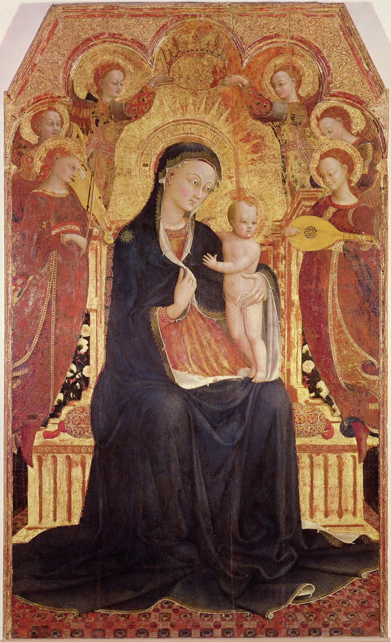 Madonna och barn tronade med sex änglar, mittpanel från en altartavla, 1437-44 (detalj av 95743) av Stefano Sassetta