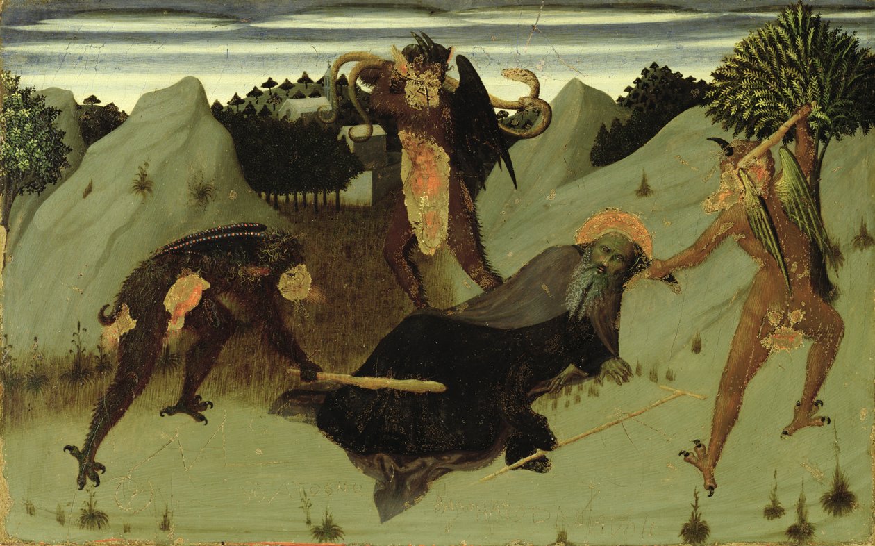 Sankt Antonius slagen av djävlar, panel från eukaristins altartavla, 1423-26 av Stefano Sassetta